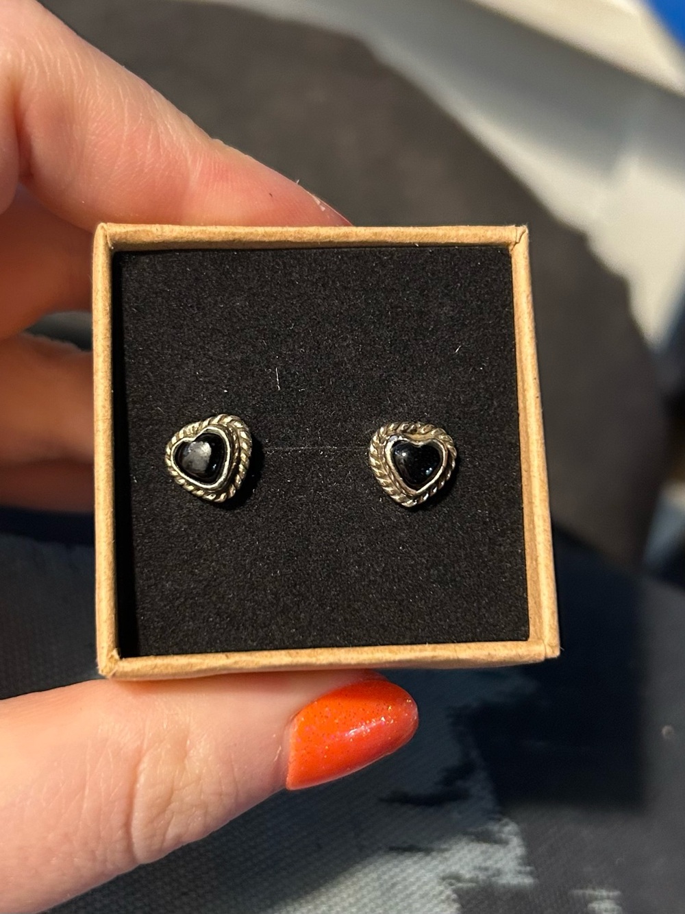 Heart-Shaped Black Onyx Stud Earrings - Sterling Silver